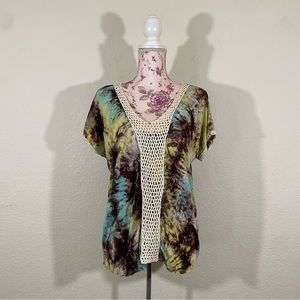 Rain sz:XL Tie-Dye Green/Blue/Brown Short Sleeve Top Knit Detail Panel at Front